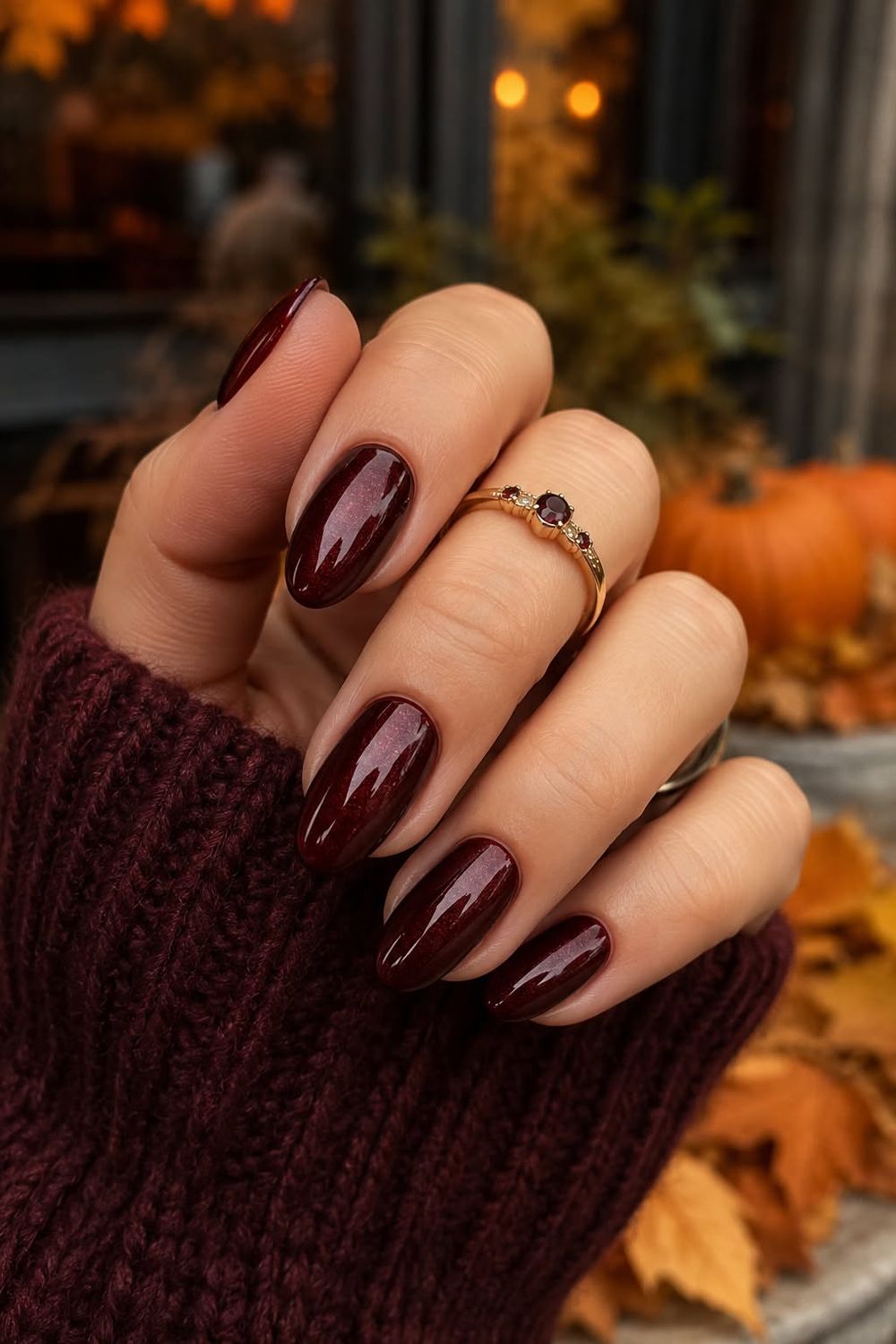 Burgundy almond nails on a hand in a burgundy sweater photographed against leopard print fabric and fall leaves